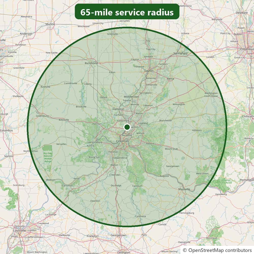 IH-R 65-mile service area around Cincinnati, including Dayton, Northern Kentucky and southeast Indiana